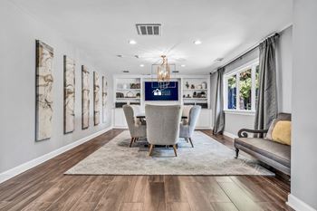 A dining room with a table